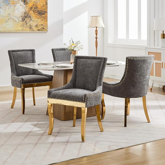 Dining Chairs Set of 8, Kitchen & Dining Room Chairs, Chenille Fabric Upholstered Dinning Chairs, Sillas De Comedor, Nailhead Trim, Metal Legs (Grey, 8 Pcs)