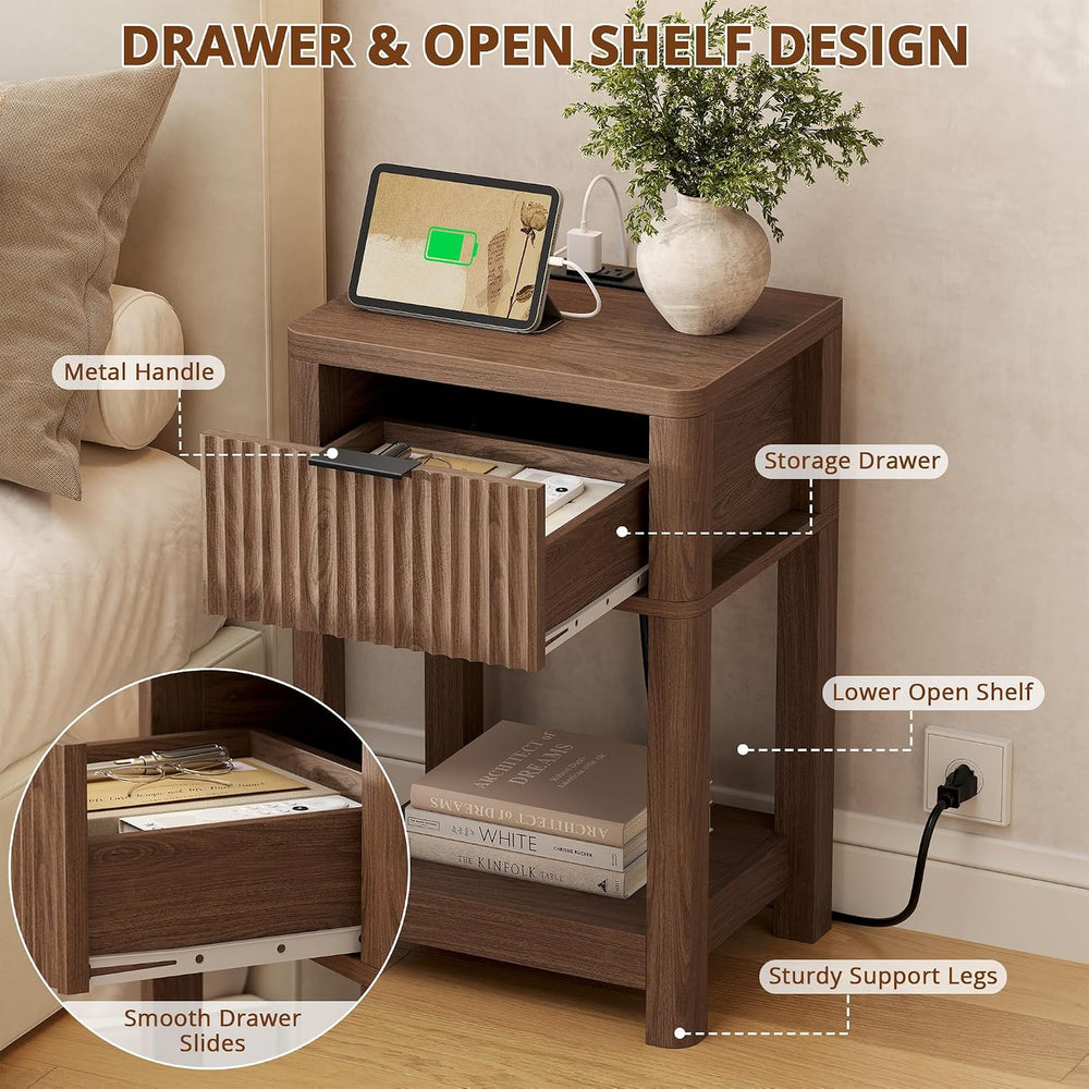 MECHYIN Nightstand Set of 2 with Charging Station, Fluted Bedside Table with ...