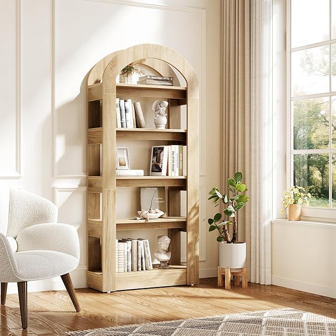 LITTLE TREE 5-Tier Bookshelf, Arch-Shaped Racks, Tall Standing Wooden Bookcase Display Shelf Modern Storage Solution (1, Teak Color)