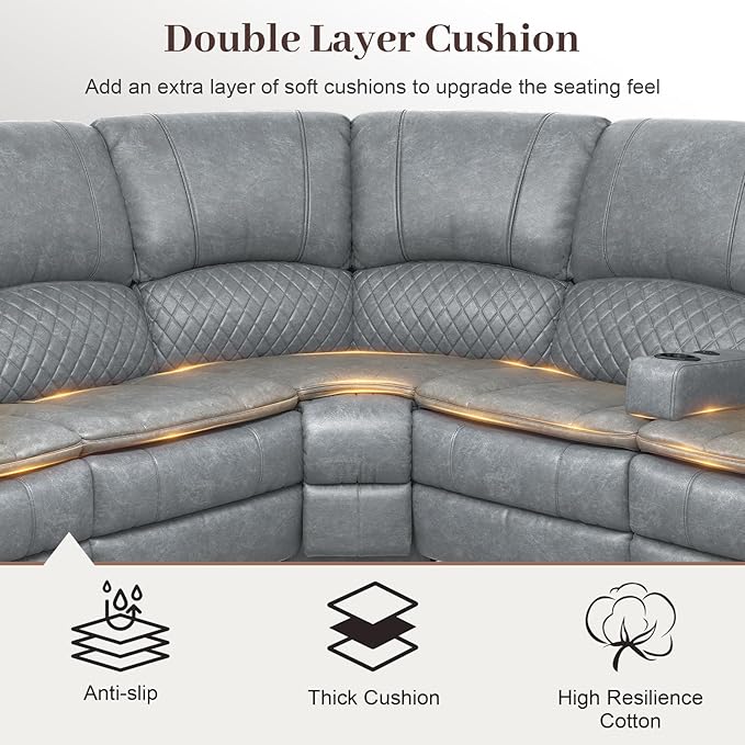 Manual Reclining Sectional Sofa Set, 5 Seats 1+1+3 Leather Reclining Corner Sectional Couch, Family-Sized L-Shaped Recliner Couch with USB Charging, Thickened Padding, Sturdy Frame, Grey