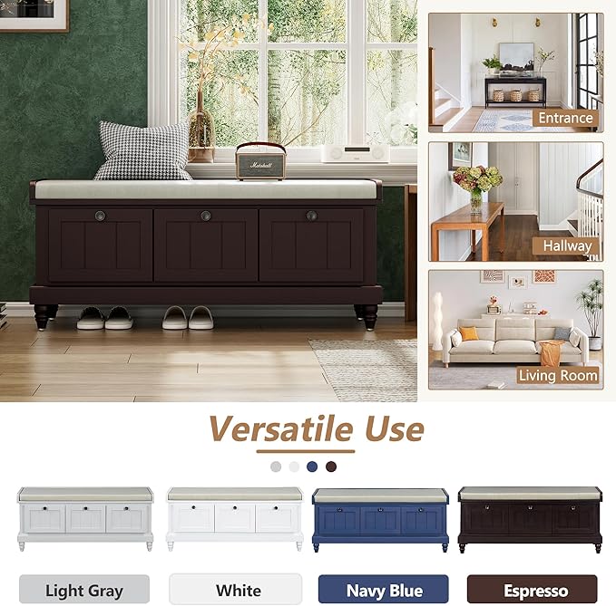 Merax Classic Storage Bench with Cushioned Seat and Three Drawers for Entryway & Living Room & Bedroom, Espresso