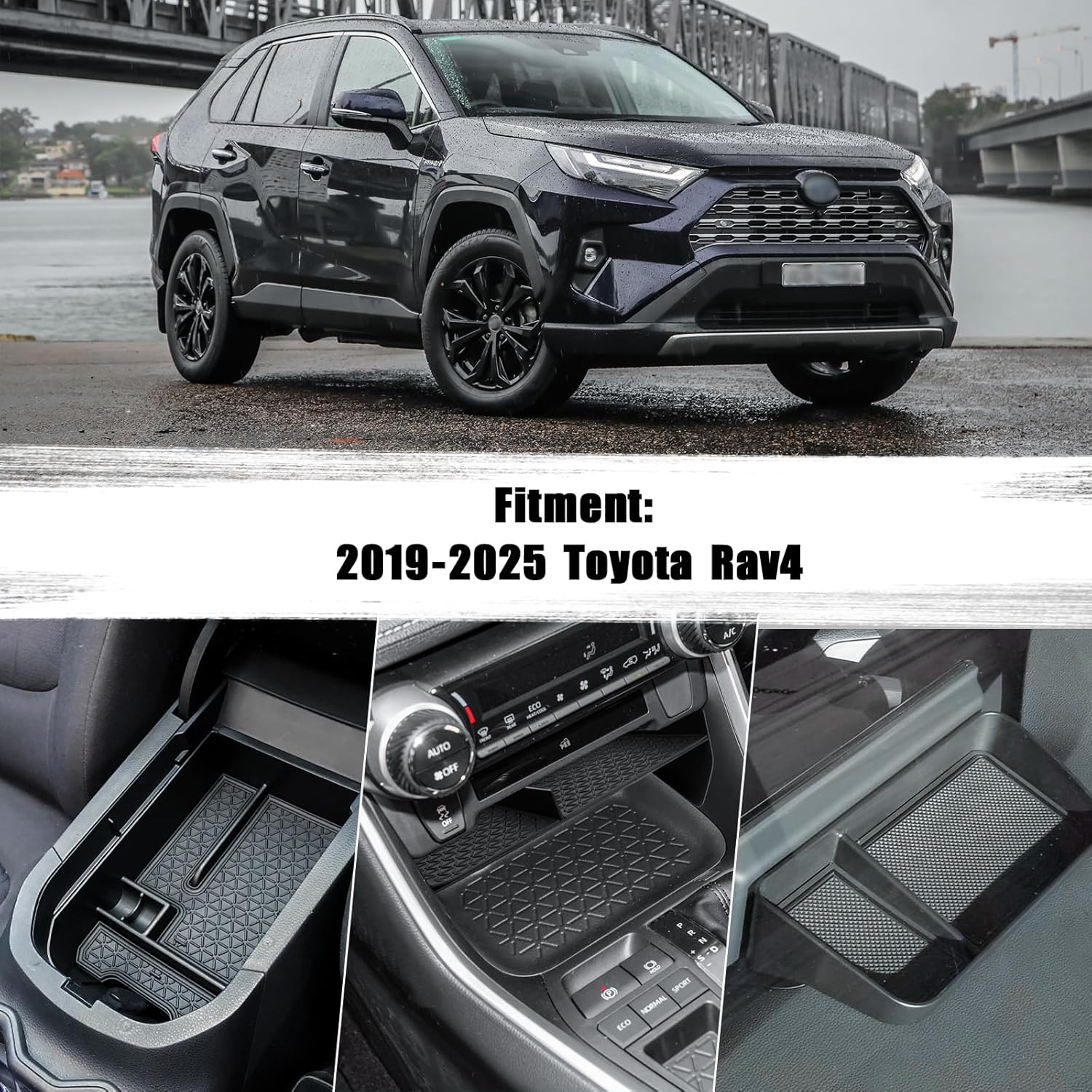 3PCS Center Console Organizer Tray and Armrest Storage Box Compatible with Toyota RAV4 2019-2022 2023 2024 2025 Dash Storage Tray Interior Accessories-Not for New 10.5'' Multimedia Display