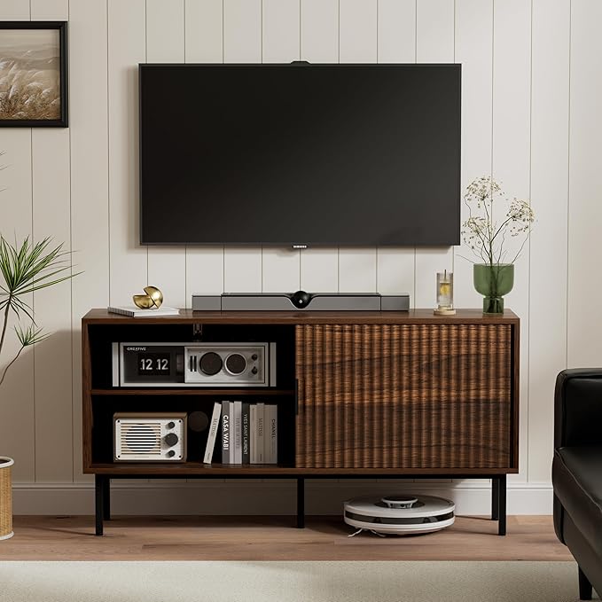 Fluted Tv Stand with Sliding Doors, 47" Mid Century Storage Cabinet with Adjustable Shelf, Wooden Media TV Console Entertainment Center for Living Room, Brown
