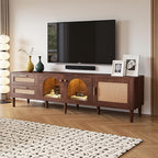 Rattan TV Stand for 75 Inch TV LED Light Modern Farmhouse Media Console with Solid Wood Legs Multi-Functional Storage & Cable Management Easy Assembly Entertainment Center for Living Room Home