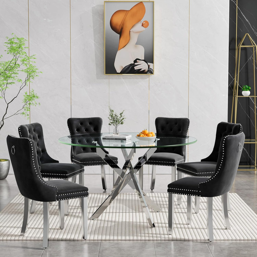 7-Piece Round Glass Dining Table Set for 6, 47" Circle Kitchen Table wit...