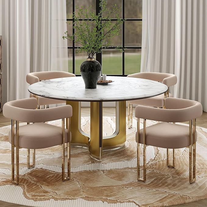 Velvet Dining Chairs Set of 4, Khaki Upholstered Barrel Armchairs with Gold M...