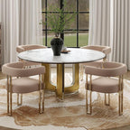 Velvet Dining Chairs Set of 4, Khaki Upholstered Barrel Armchairs with Gold Metal Legs for Kitchen Island, Mid Century Modern Accent Side Chairs for Dining Room and Living Room, Open-Back