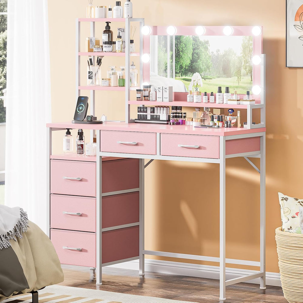 Vanity Desk with Mirror and Lights, Makeup Vanity with 5 Fabric Drawers and O...