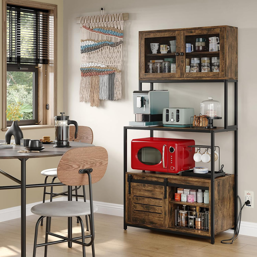 Furniouse 6-Tier Kitchen Bakers Rack with Power Outlet, Industrial Microwave Oven Stand with Shelves, Kitchen Utility Storage Shelf with Cabinet, Standing Storage Rack (Rustic Brown)