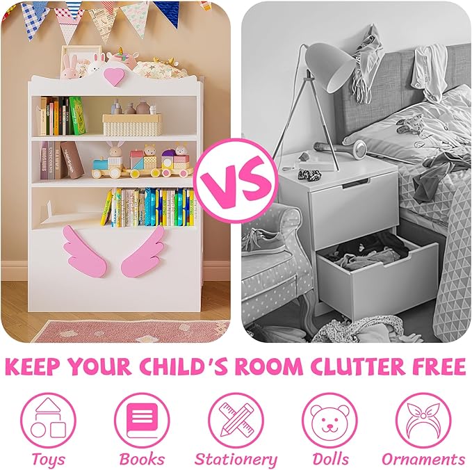 Timy Kids Bookcase 4-Tier Toy Storage Organizer Multifunctional Bookshelf with 2 Movable Drawers Bookcase Toy Storage Cabinet Display Stand for Bedroom