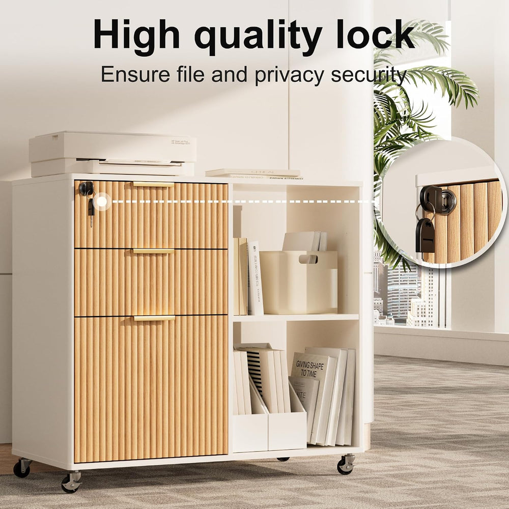 INNOD 3 Drawer Fluted Mobile Filing Cabinet with Lock, Lateral Rolling Under ...
