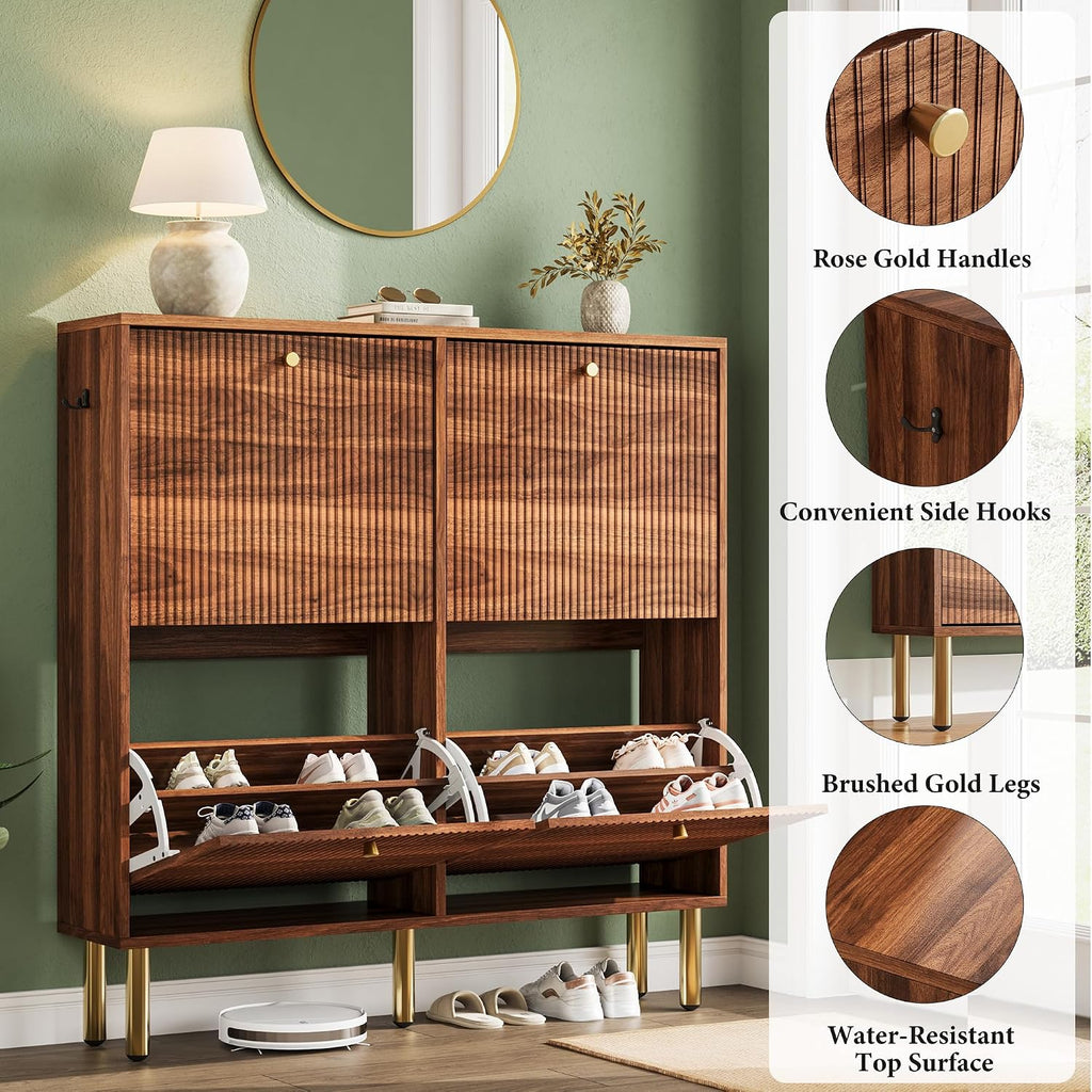 Shoe Storage Cabinet for Entryway, 4 Flip Drawers Shoe Cabinet, Mid-Century Modern Walnut Slim Shoe Storage Rack, Narrow Shoe Organizer, Wood Storage Cabinets with Adjustable Shelves