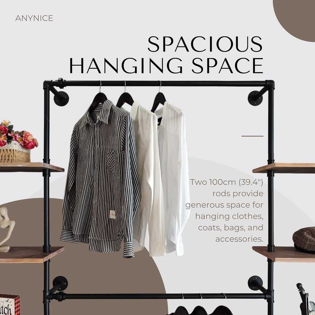 Industrial Pipe Clothing Rack, Wall Mounted Garment Hanging Rack with Shelves, 14.6x112.6x82.7 Inches, Model Y03