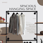 Industrial Pipe Clothing Rack, Wall Mounted Garment Hanging Rack with Shelves, 14.6x112.6x82.7 Inches, Model Y03