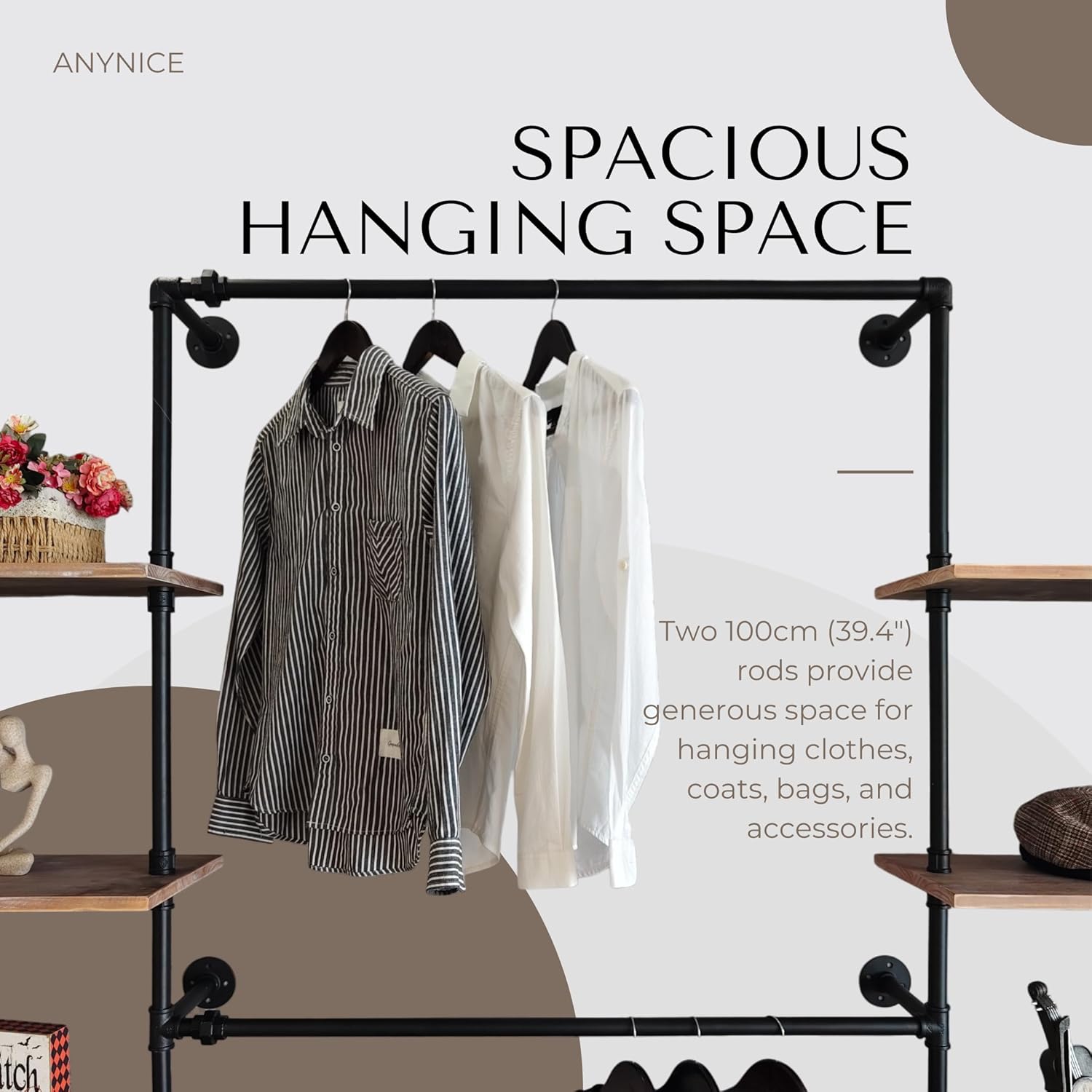 Industrial Pipe Clothing Rack, Wall Mounted Garment Hanging Rack with Shelves, 14.6x112.6x82.7 Inches, Model Y03
