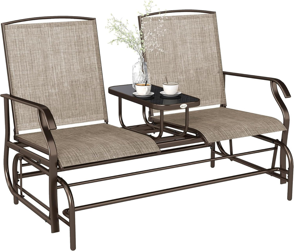 Outsunny Outdoor Glider Bench with Center Table Metal Frame Armrests Brown | ...