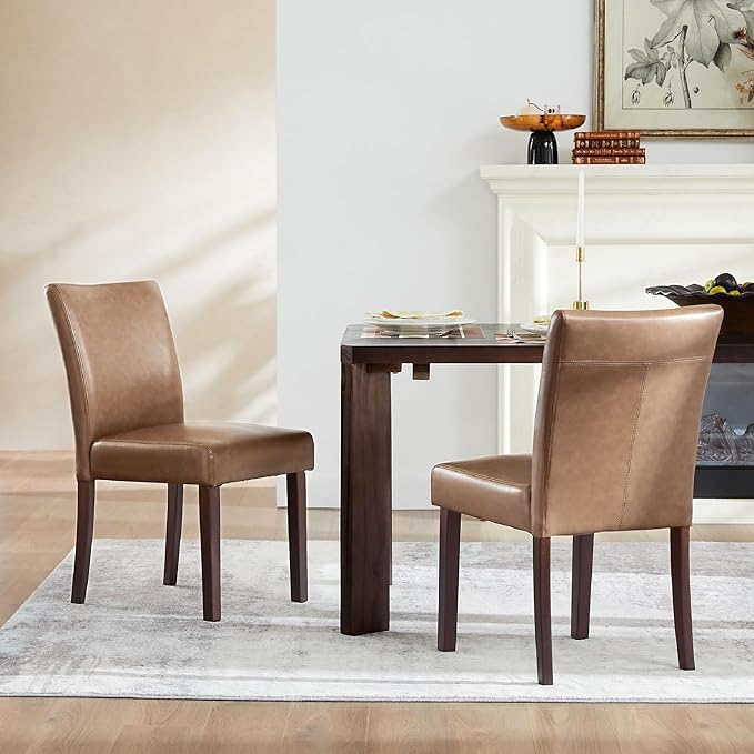 Watson & Whitely Dining Chairs Set of 6, Faux Leather Upholstered Armless Dining Room Chairs with Solid Wood Legs & Back Side Chair for Kitchen, Living Room, Restaurant, Saddle Brown