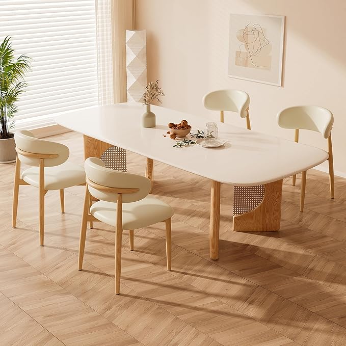 Dining Chairs Set of 2 for Kitchen Dining Table Mid Century Modern Farmhouse Upholstered Leather Dining Room Chairs with Metal Legs, Original Beige