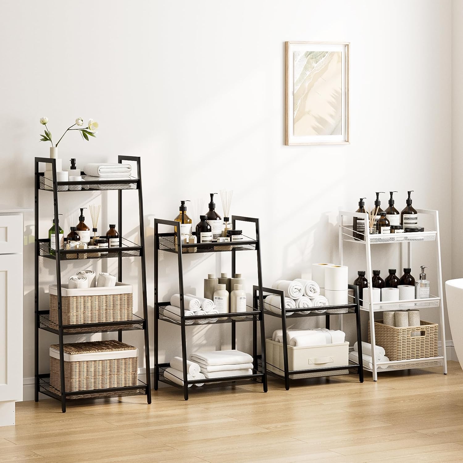 Masupu 4 Tier Bathroom Shelf, Bathroom Organizer and Storage for Small Space, Free-Standing Metal Rack Shelves Waterproof for Kitchen, Bathroom, Laundry, Toilet, Black