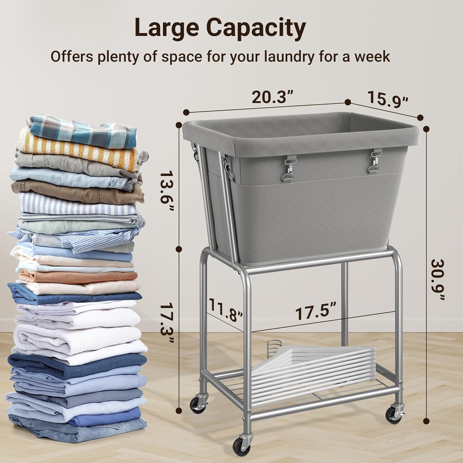 ELYKEN Laundry Cart with Wheels, Rolling Laundry Hamper with Removable Bag and Shelf, Metal Frame Laundry Basket with 4 Casters and 2 Brakes, Ideal for Bedroom, Bathroom, Laundry Room, Gray