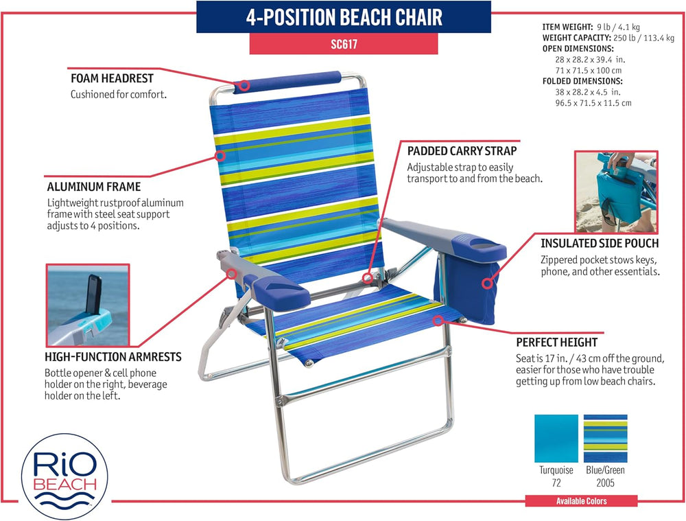 Rio Brands 17" Extended Height 4-Position Folding Beach, Camping, Lawn C...