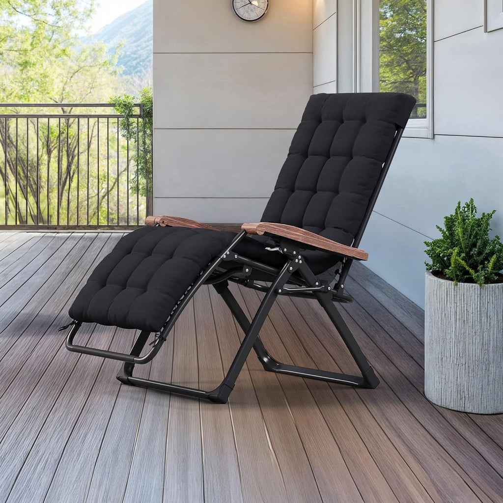 PURPLE LEAF Outdoor Reclining Chair Oversized Removable Cushion, Black | Extra-wide seat, Adjustable head pillow, UV protected textilene, Reclining backrest, Removable cushions, 120gsm peach skin