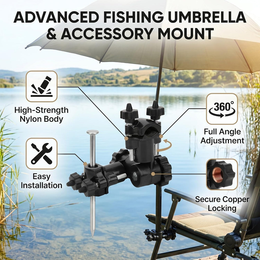 Generic Multifunction Universal Umbrella Bracket Fishing Accessory Stand with 360 Degree Adjustable Rotatable Locking Design for Fishing Chair Rod Platform Box