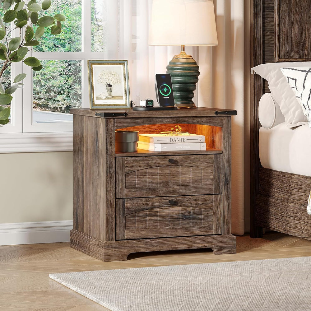 Vabches Nightstand with Charging Station and LED Lights, Vintage End Table wi...