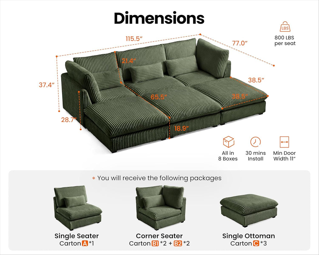 115" Oversized Corduroy Couch Modular Sectional Sofa, Washable Cloud Couch Sectional with 3 Ottoman, 6 Seater Sectional Couches for Living Room, Fully Cover Removable, Sleeper Sofa, Corduroy, Green