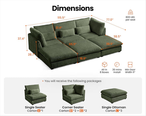 115" Oversized Corduroy Couch Modular Sectional Sofa, Washable Cloud Couch Sectional with 3 Ottoman, 6 Seater Sectional Couches for Living Room, Fully Cover Removable, Sleeper Sofa, Corduroy, Green