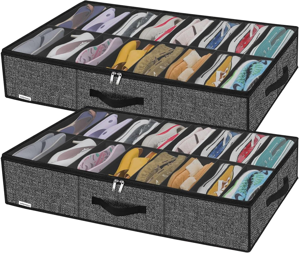 Onlyeasy Sturdy Under Bed Shoe Storage Solution Organizer For Closet Fit 16x2 Pairs, Underbed Shoes Container Bags with Reinforced Handles, Breathable, Linen-like Black, MXAUBS16P2