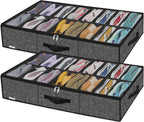 Onlyeasy Sturdy Under Bed Shoe Storage Solution Organizer For Closet Fit 16x2 Pairs, Underbed Shoes Container Bags with Reinforced Handles, Breathable, Linen-like Black, MXAUBS16P2