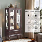 52" Lighted Accent Curio Cabinet, 3-Tier Antique Storage Cabinet with Tempered Glass Adjustable Shelves & Drawer, Acrylic Panel, Bulb Included, China Display Case for Living Room/Kitchen (Dark Cherry)