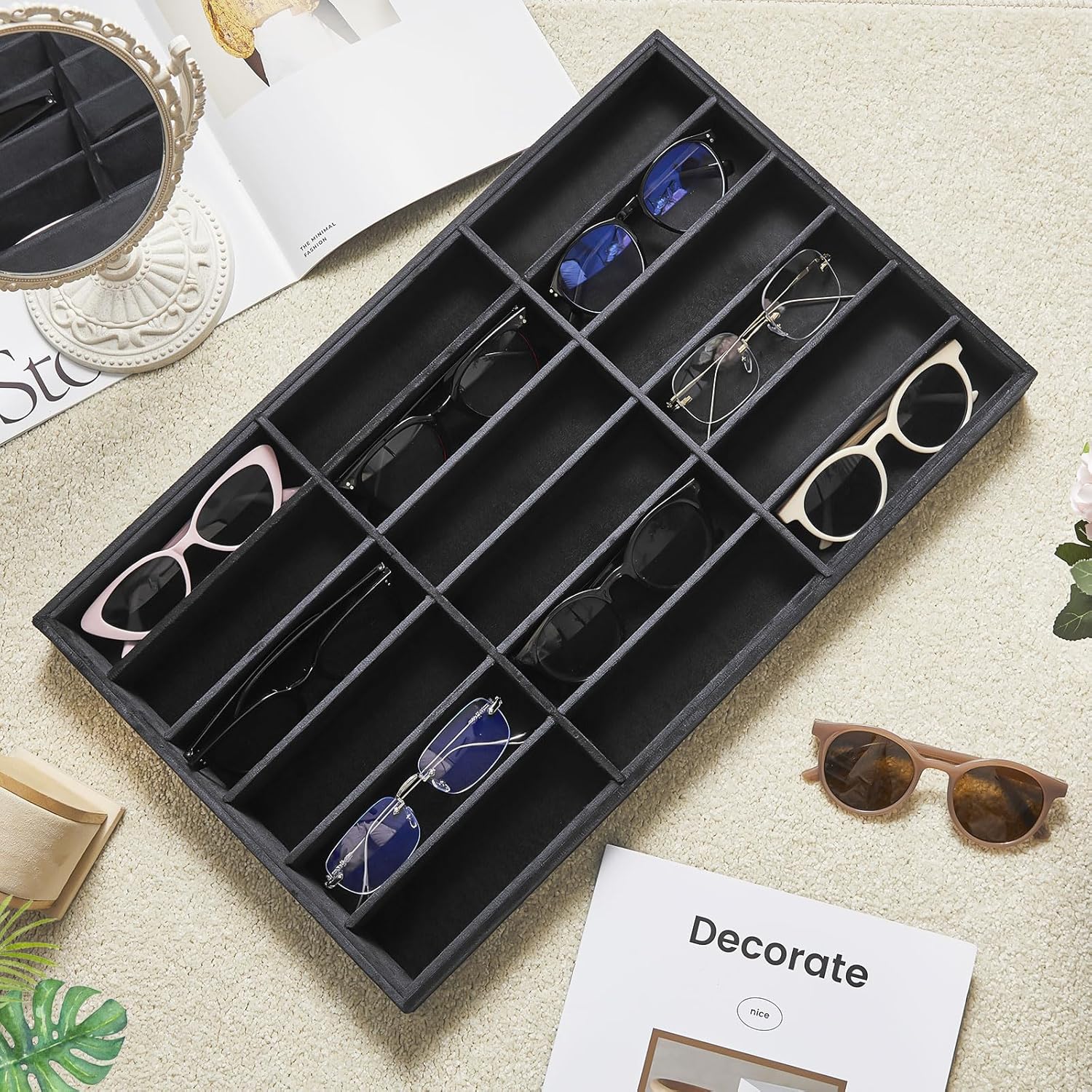 Amylove 2 Pcs Sunglass Organizer Trays Glasses Stackable Jewelry Trays Sunglass Organizer Display Box (18 Grids,Black)