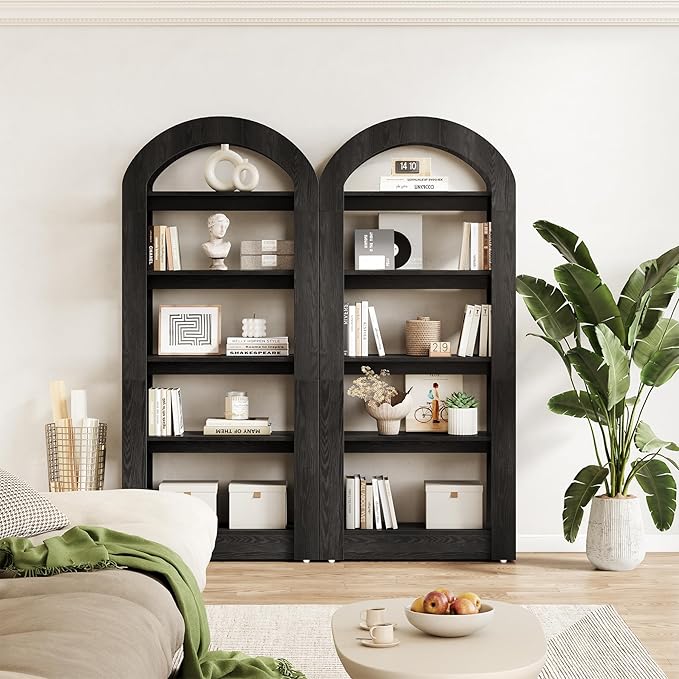 LITTLE TREE 5-Tier Bookshelf, Arch-Shaped Racks, Tall Standing Wooden Bookcase Display Shelf Modern Storage Solution (2, Black)