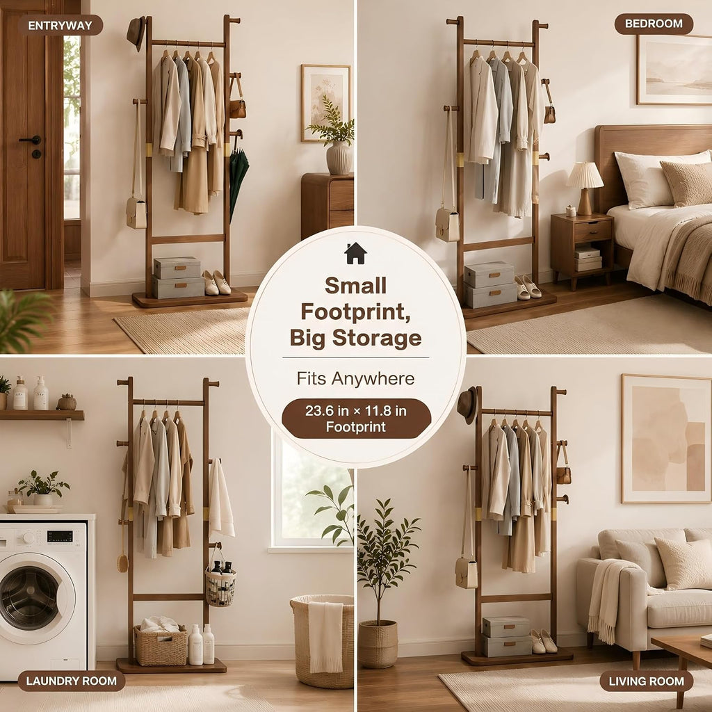 Solid Wood Coat Rack Freestanding, Clothing Rack with 5 Hooks & Bottom Shelf, Coat Rack Stand for Hanging Clothes, Wood Hall Tree Organizer for Entryway, Bedroom (Walnut Brown 23.6"W x 70.8"H)