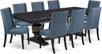 NKFL9-SBB-21-9-Piece Kitchen Table Set Consists of a Wooden Table and 8 Mineral Blue Linen Fabric Parson Chairs with Padded Chair Back - Sand Blasting Black Finish.