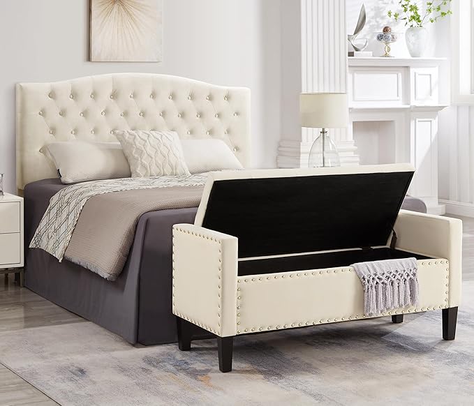 Upholstered Velvet Storage Ottoman Bench with Nail Trims,Soft Padded Seat with Armrest,for Living Room,Bedroom,Entryway,Easy to Assemble,Cream