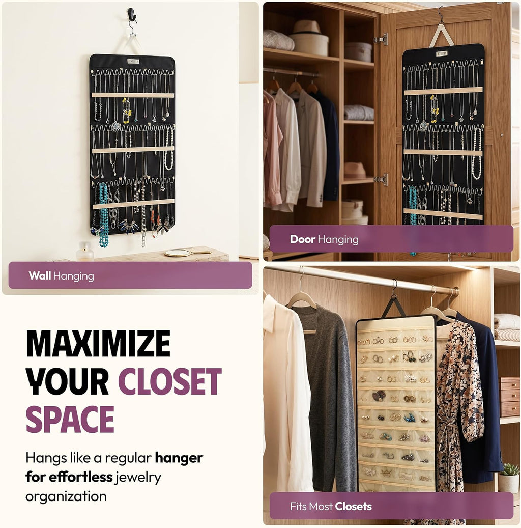 Hanging Jewelry Organizer 34.7 x 17.2 inches XL Size with Clear Pockets & Hooks – Double-Sided Necklace, Earrings & Rings Storage Holder – Space-Saving Closet Organizer for Women