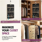 Hanging Jewelry Organizer 34.7 x 17.2 inches XL Size with Clear Pockets & Hooks – Double-Sided Necklace, Earrings & Rings Storage Holder – Space-Saving Closet Organizer for Women