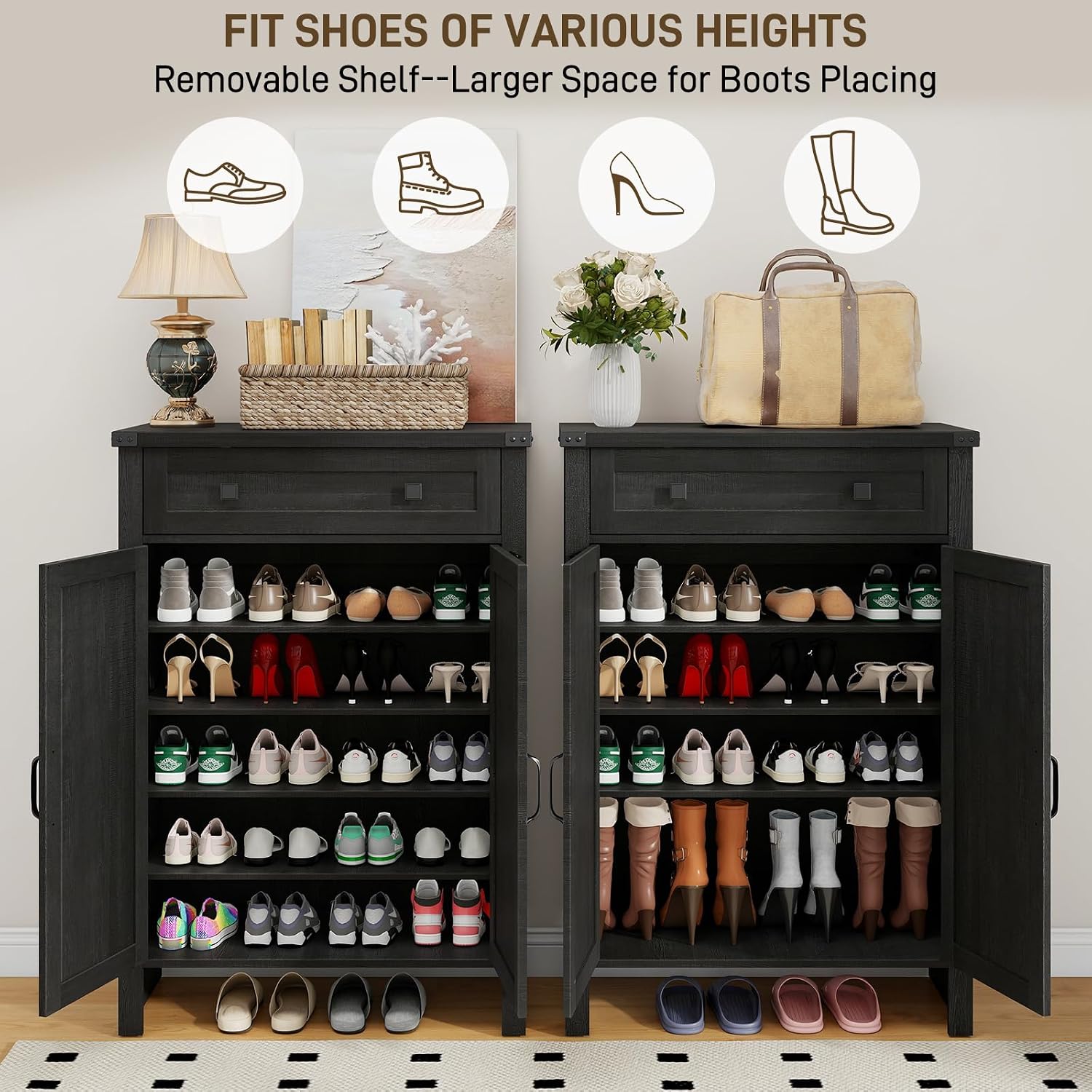 Halitaa Shoe Cabinet, Farmhouse Shoe Storage Organizer, Shoe Storage Cabinet with Doors & Drawer, Boots High-Shoe Cabinet Organizer for Entryway Living Room Hallway, Black