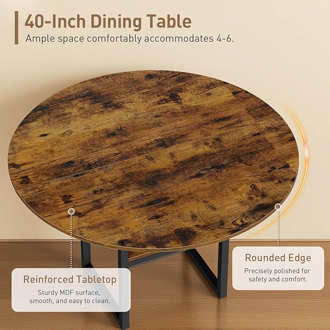 Round Dining Table Set for 4, Circle Kitchen Table and 4 Chairs, 5 piece Dining Table Set, with Wooden Tabletop and Widen Seat, Space Saving, for Dining Room, Rustic Brown and Black