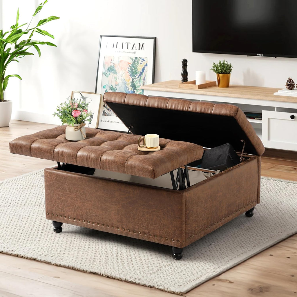 36" Large Square Ottoman with Storage, Tufted Upholstered Storage Ottoman with Lift Top & Solid Legs for Bedroom Room, Extra Large Coffee Tables Bench for Living Room as Footstool (Brown)