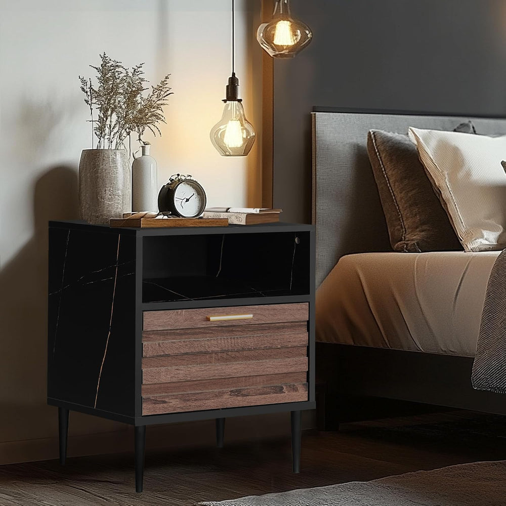 GIA Home Furniture Series Walnut Nightstands Set of 2, Faux Black Walnut Marb...
