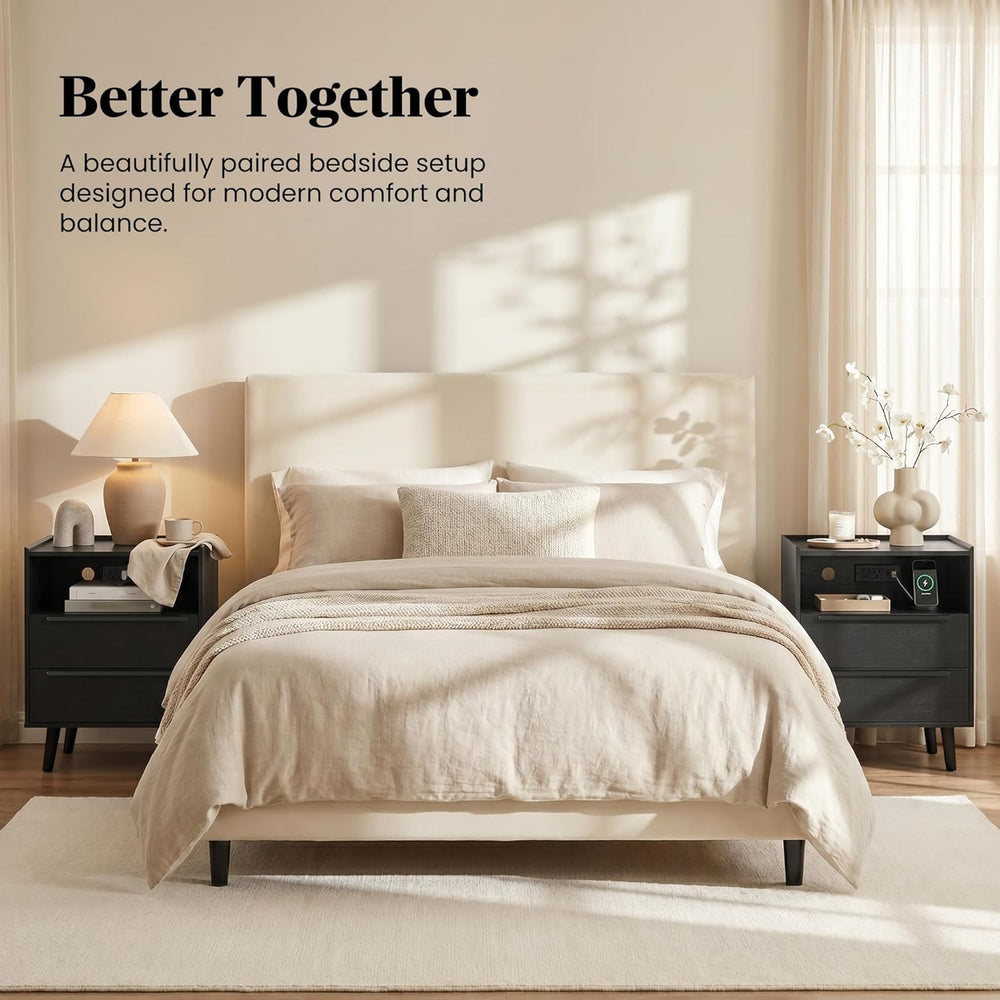 26 Inch Tall Black Oak Nightstands Set of 2 with Charging Station | Matching ...