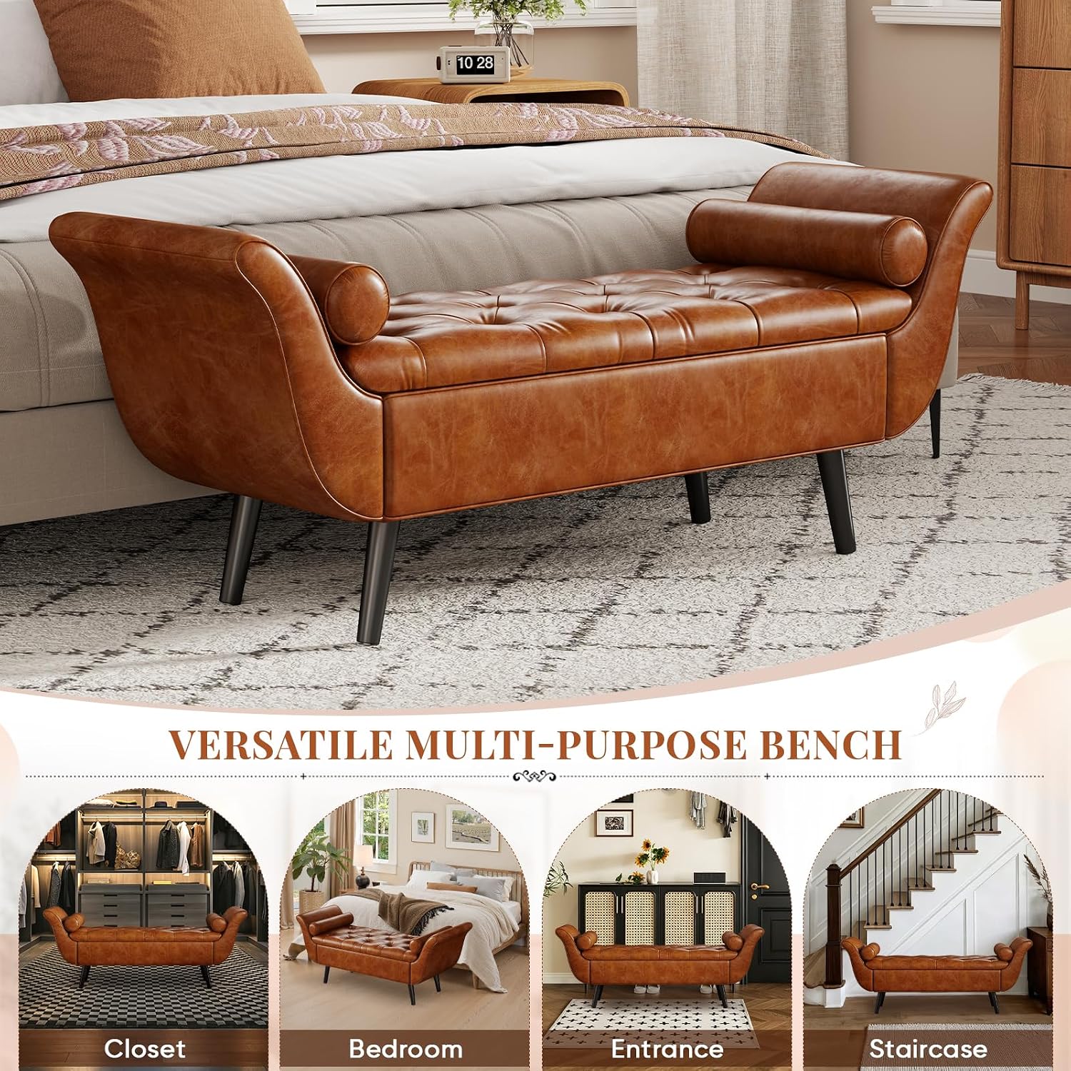 Faux Leather Storage Bench for Bedroom End of Bed, 65-Inch Rolled Arm Upholstered Bench with Hidden Storage, Brown End of Bed Bench with Sturdy Wood Frame, Space-Saving Entryway Ottoman Seat (Brown)