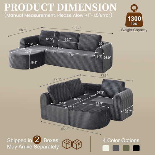 108” Modular Sectional Sofa, Boneless Couches for Living Room, Deep Seat L-Shape Cloud Couch with Chaise, Comfy Sofa Freely Change Configurations No Assembly Required, Soft Plush Corduroy Fabric(Grey)