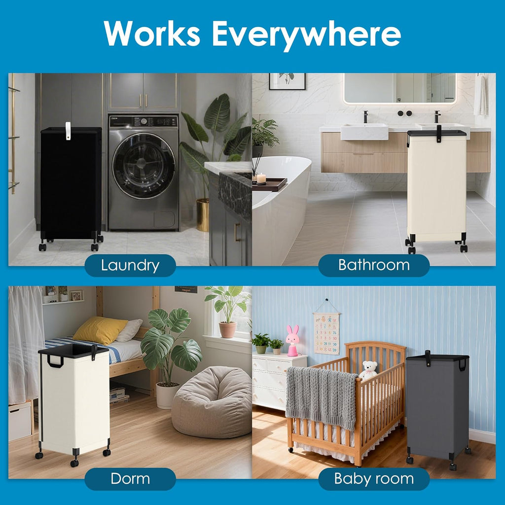 2Pcs Laundry Basket With Wheels 105L, Large Rolling Laundry Hamper With Removable Bag, Metal Frame Collapsible Dirty Clothes Bin, Cloth Organizer Hampers Pull Handle For Bathroom, Dorm, Bedroom Grey