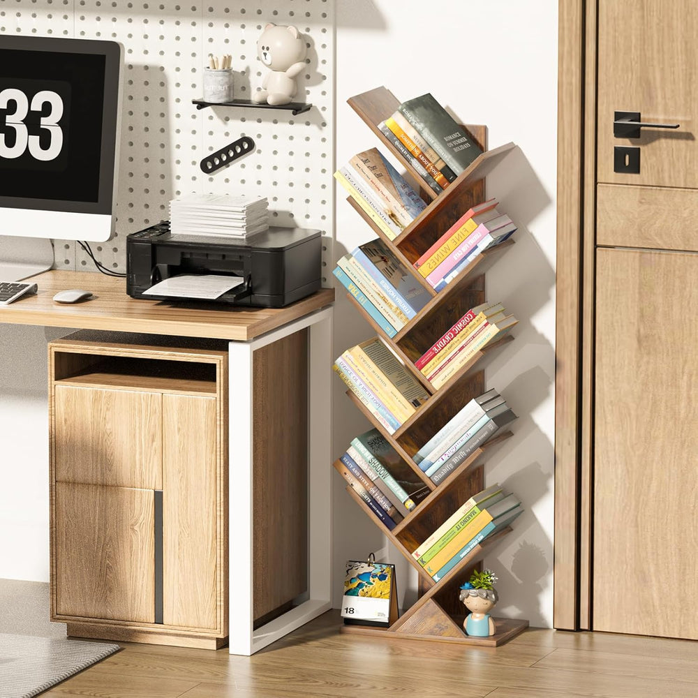 SHEEPAM 10 Tier Tree Book Shelf, Floor Standing Wood Bookshelf for Narrow Spa...