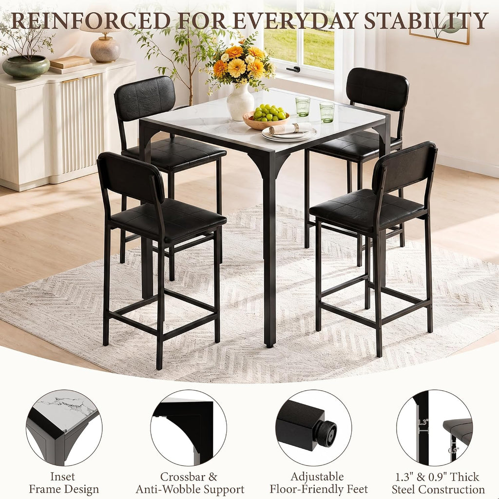 XIAO WEI 5-Piece Counter Height Dining Table Set for 4, Marble-Look, Black | Counter height table, Dining table set for 4, Wide padded chairs, Marble-look top, Space-saving tuck-away frame